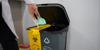 Hand of scientist shown throwing away mask in medical waste container