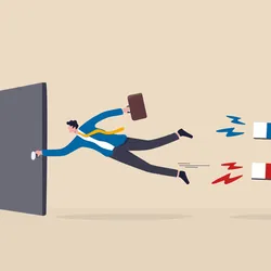 Illustration of a person being pulled away from an exit door by a large magnet, symbolizing lab staff retention efforts to prevent early-career scientists from leaving.