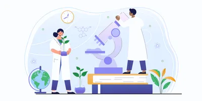 Illustration of lab scientists emphasizing sustainable science in research.