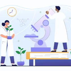 Illustration of lab scientists emphasizing sustainable science in research.