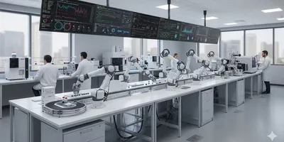 Automated analytical laboratory with robotic arms, AI data visualization, and modern scientific instruments.