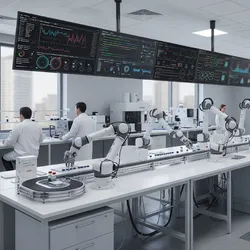 Automated analytical laboratory with robotic arms, AI data visualization, and modern scientific instruments.