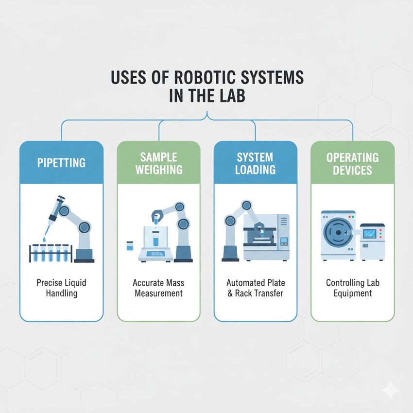 Infographic of robotic systems being used in the lab. Infographic of robotic systems being used in the lab.