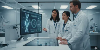 Strategic lab leadership team collaborating around display, integrating lab digitalization, QMS, and cross-site data for future-ready scientific operations.