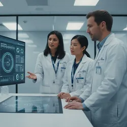 Strategic lab leadership team collaborating around display, integrating lab digitalization, QMS, and cross-site data for future-ready scientific operations.