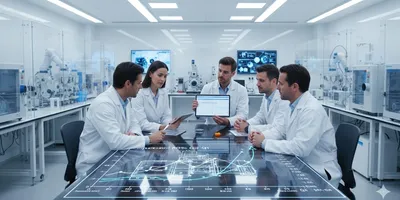 Diverse team reviewing laboratory ROI chart and equipment schematic, modern R&D lab financial management, CapEx planning, business of science.