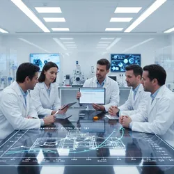 Diverse team reviewing laboratory ROI chart and equipment schematic, modern R&D lab financial management, CapEx planning, business of science.