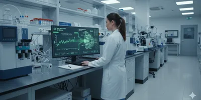 Laboratory professional monitors QA/QC blueprint on a digital display, showing Levey-Jennings chart and validated assay for reproducibility and GXP compliance.