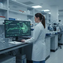 Laboratory professional monitors QA/QC blueprint on a digital display, showing Levey-Jennings chart and validated assay for reproducibility and GXP compliance.