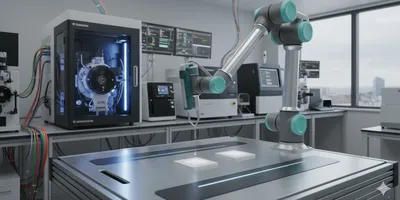 Automated lab operations showing robotic arm, multi-tech integration, and digital workflow optimization.