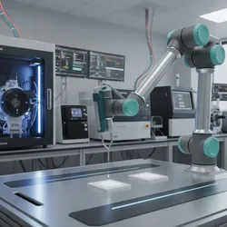 Automated lab operations showing robotic arm, multi-tech integration, and digital workflow optimization.
