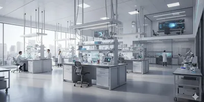 Modular universal lab with overhead utilities and mobile benches for flexible scientific research.