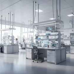 Modular universal lab with overhead utilities and mobile benches for flexible scientific research.