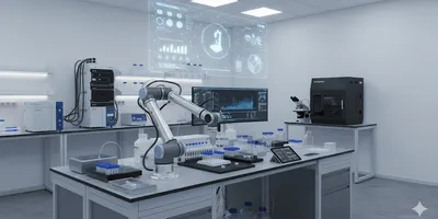 Automated laboratory with robotics, advanced analytical instruments, and digital twin simulation for enhanced efficiency and scientific research.