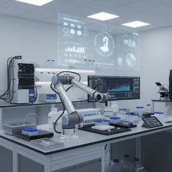 Automated laboratory with robotics, advanced analytical instruments, and digital twin simulation for enhanced efficiency and scientific research.