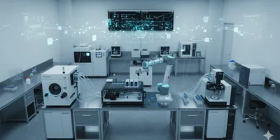 A high-angle view of a sleek, digitized analytical laboratory showing a central robotic arm (liquid handling system) automating tasks between various sophisticated instruments (like a mass spectrometer). An ethereal network of glowing blue digital lines connects all the devices, emphasizing the interconnectedness and digital transformation of the lab.