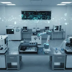 A high-angle view of a sleek, digitized analytical laboratory showing a central robotic arm (liquid handling system) automating tasks between various sophisticated instruments (like a mass spectrometer). An ethereal network of glowing blue digital lines connects all the devices, emphasizing the interconnectedness and digital transformation of the lab.