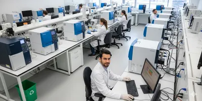 Alt Tag: A realistic, high-angle image of a modern, standardized analytical lab with identical scientific instruments and scientists, reflecting efficiency, high throughput, and data quality.