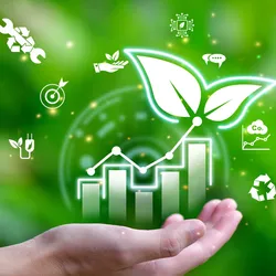 Hand holding a green leaf with laboratory sustainability icons