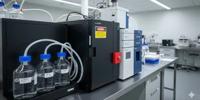 High-throughput analytical lab with a fully enclosed Class 4 laser system integrated into an LC-MS instrument, demonstrating safe solvent handling via closed-loop delivery and strict engineering controls for lab safety.