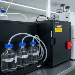 High-throughput analytical lab with a fully enclosed Class 4 laser system integrated into an LC-MS instrument, demonstrating safe solvent handling via closed-loop delivery and strict engineering controls for lab safety.