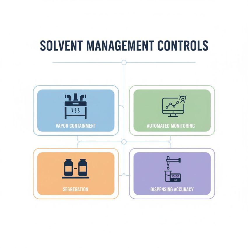 Infographic on solvent management controls. Infographic on solvent management controls.