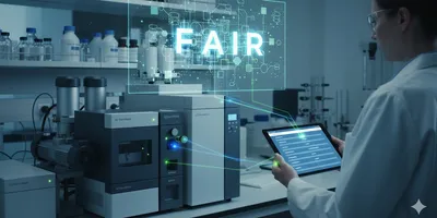 High-tech lab analyst integrating method validation data with glowing FAIR principles structure.