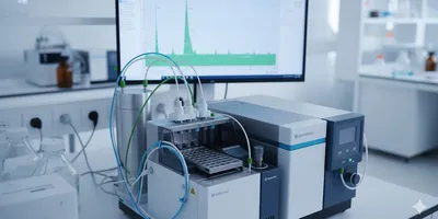 Modern UHPLC system in an analytical lab with connected chromatography data system (CDS) software displaying a high-resolution chromatogram for pharmaceutical analysis.