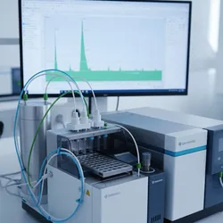 Modern UHPLC system in an analytical lab with connected chromatography data system (CDS) software displaying a high-resolution chromatogram for pharmaceutical analysis.