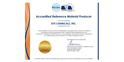 Certificate of accredited reference material produced for GFS Chemicals.