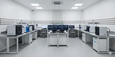 A realistic, wide-angle image of a state-of-the-art analytical laboratory designed with an optimized U-shaped workflow.