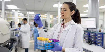 Woman handling blood samples in diagnostic lab