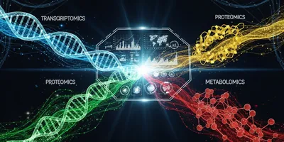 Conceptual representation of multi-omics with layers of transcriptomics, proteomics, and metabolomics