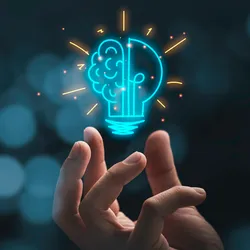 Hand holding drawing virtual lightbulb with brain on bokeh background for creative and smart thinking idea concept