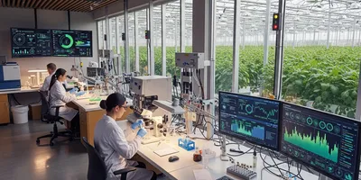 Scientists in an agri-lab analyzing data and samples for sustainable agriculture.