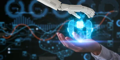 A robotic hand and a human hand exchange a glowing cube labeled “AI” with a digital human face in the background, symbolizing collaboration between humans and artificial intelligence in laboratory settings.