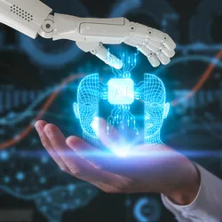 A robotic hand and a human hand exchange a glowing cube labeled “AI” with a digital human face in the background, symbolizing collaboration between humans and artificial intelligence in laboratory settings.