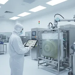 A realistic, high-tech biopharmaceutical laboratory with a dark green accent color (matching the user's provided image background). The scene should depict a seamless blend of automated machinery and digital interfaces.