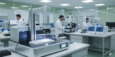 Automated food testing laboratory with liquid handler and lab technicians, showcasing high-throughput allergen testing and advanced scientific instruments for food safety and quality control.