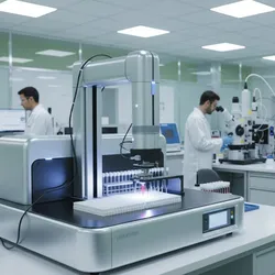 Automated food testing laboratory with liquid handler and lab technicians, showcasing high-throughput allergen testing and advanced scientific instruments for food safety and quality control.