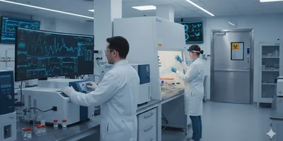 Modern environmental laboratory with scientists using advanced analytical instruments and hazardous sample containment.