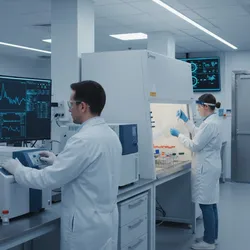 Modern environmental laboratory with scientists using advanced analytical instruments and hazardous sample containment.