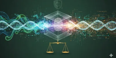 Abstract visualization of forensic science integrating DNA and digital evidence with justice, security, and quality standards.