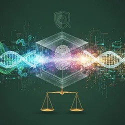 Abstract visualization of forensic science integrating DNA and digital evidence with justice, security, and quality standards.