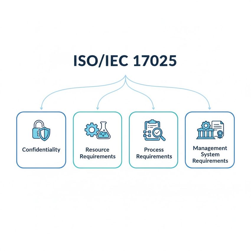 Infographic on ISO/IEC 17025 uses in forensic labs.
