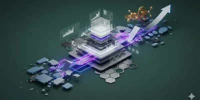Abstract visual of layered platforms, data interfaces, and an upward-trending arrow with gears, symbolizing academic lab transition to translational research.