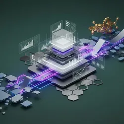 Abstract visual of layered platforms, data interfaces, and an upward-trending arrow with gears, symbolizing academic lab transition to translational research.
