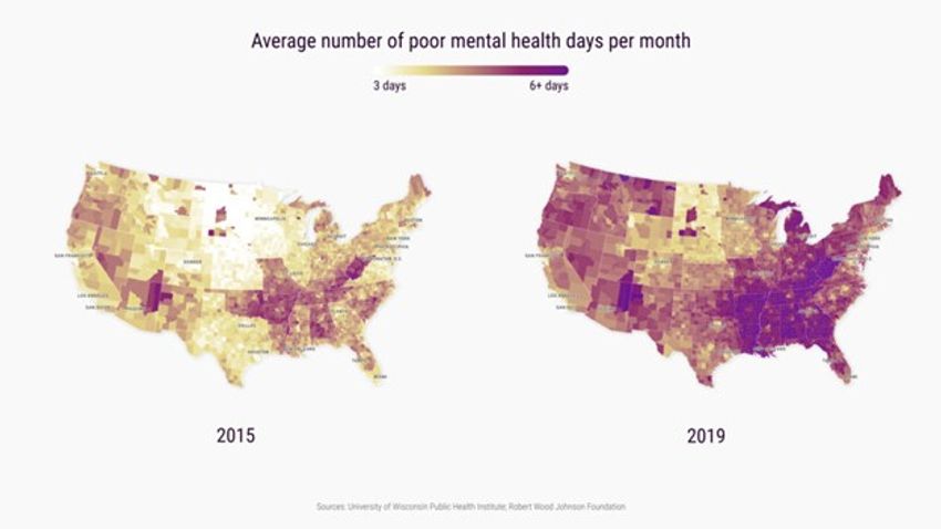 Map of the US showing number of mental health days taken by US employees per month in 2015 and in 2019
