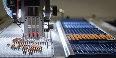Close-up of an automated robotic system sorting capped sample vials into trays in a laboratory setting, highlighting sample management automation.