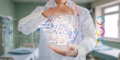 A healthcare professional showcasing AI technology in a lab setting